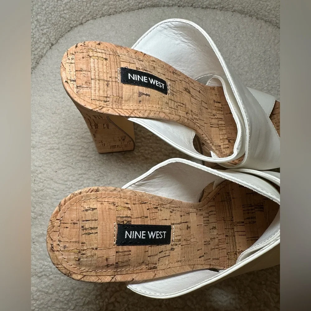 NWOT NINE WEST white‎ straps cork high heels platforms curved chunky summer 7.5